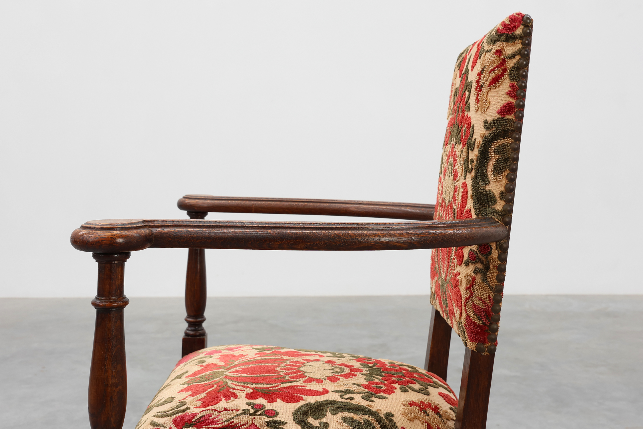 Antique oak Louis XIII style chair with floral upholstery, France ca. 1890thumbnail